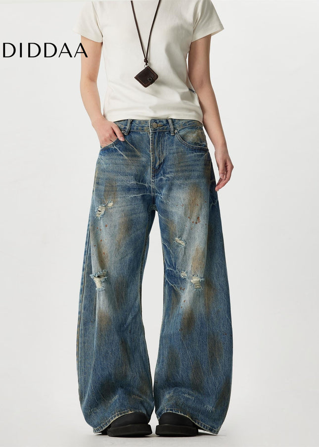 Blue Ripped Design Wide Leg Denim Jeans - Men’s Jeans