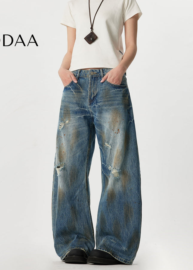 Blue Ripped Design Wide Leg Denim Jeans - Mid Blue / S - Men’s Jeans