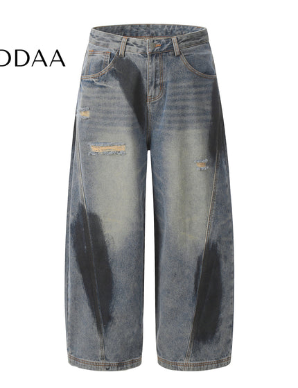Blue Ripped High Street Wide Leg Jeans for Men - Dark Blue / S - Men’s Jeans