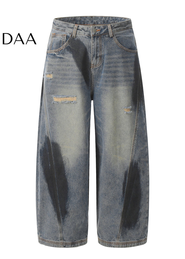 Blue Ripped High Street Wide Leg Jeans for Men - Dark Blue / S - Men’s Jeans