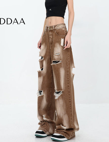 Blue Ripped High Waist Tie-Dye Wide Leg Jeans - S / Khaki - Women’s Jeans