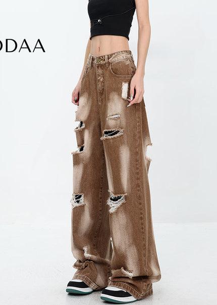 Blue Ripped High Waist Tie-Dye Wide Leg Jeans - S / Khaki - Women’s Jeans