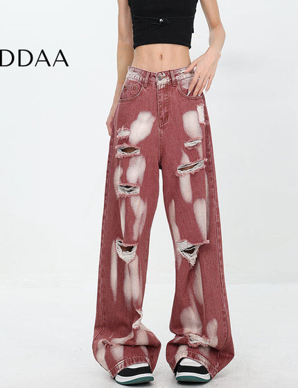 Blue Ripped High Waist Tie-Dye Wide Leg Jeans - S / Red - Women’s Jeans