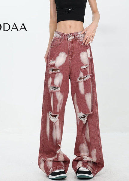 Blue Ripped High Waist Tie-Dye Wide Leg Jeans - S / Red - Women’s Jeans