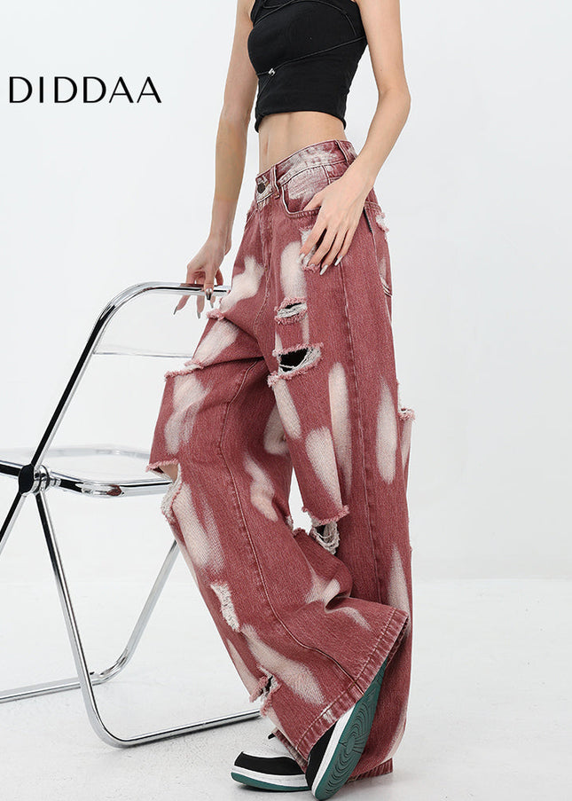 Blue Ripped High Waist Tie-Dye Wide Leg Jeans - Women’s Jeans