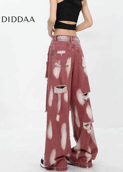 Blue Ripped High Waist Tie-Dye Wide Leg Jeans - Women’s Jeans