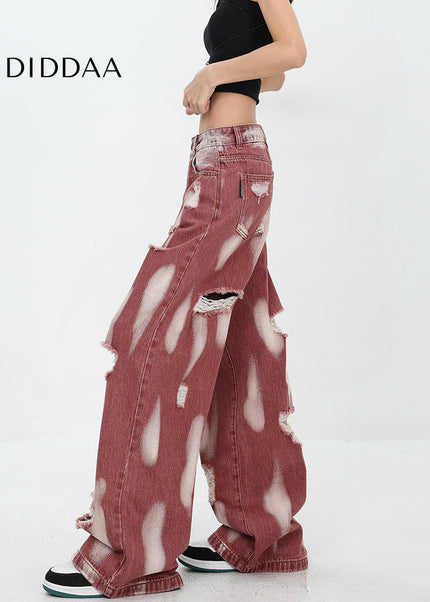 Blue Ripped High Waist Tie-Dye Wide Leg Jeans - Women’s Jeans