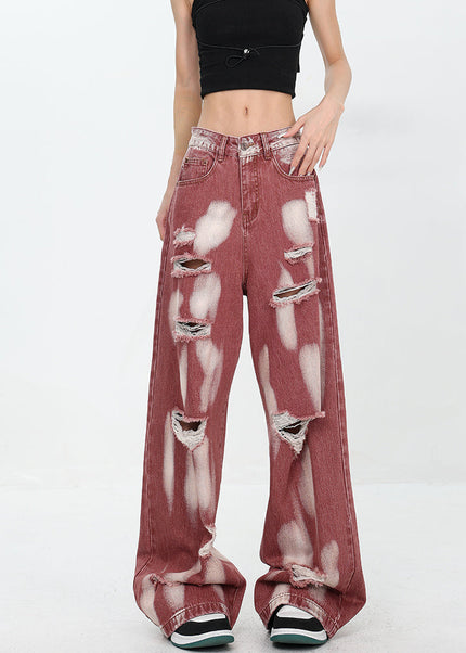Blue Ripped High Waist Tie-Dye Wide Leg Jeans - Women’s Jeans