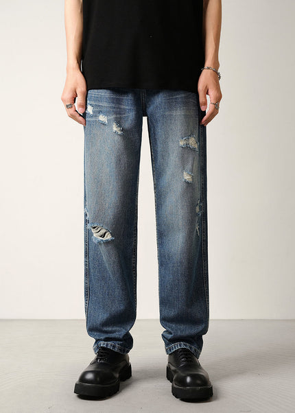 Blue Ripped Lyocell Jeans Men’s Loose Straight-Leg Trousers - 28 / Mid Blue - Men’s Jeans