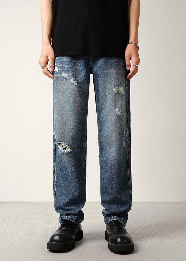 Blue Ripped Lyocell Jeans Men’s Loose Straight-Leg Trousers - 28 / Mid Blue - Men’s Jeans