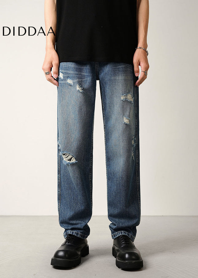 Blue Ripped Lyocell Jeans Men’s Loose Straight-Leg Trousers - Men’s Jeans