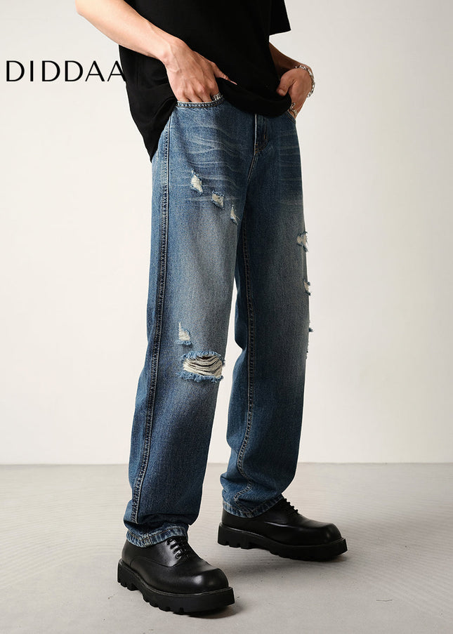 Blue Ripped Lyocell Jeans Men’s Loose Straight-Leg Trousers - Men’s Jeans