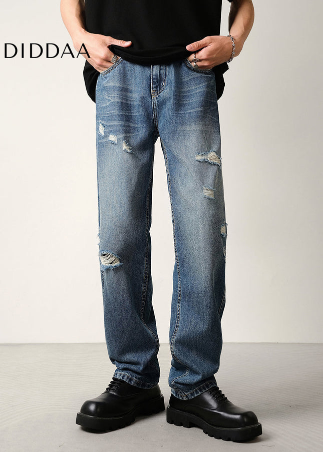 Blue Ripped Lyocell Jeans Men’s Loose Straight-Leg Trousers - Men’s Jeans
