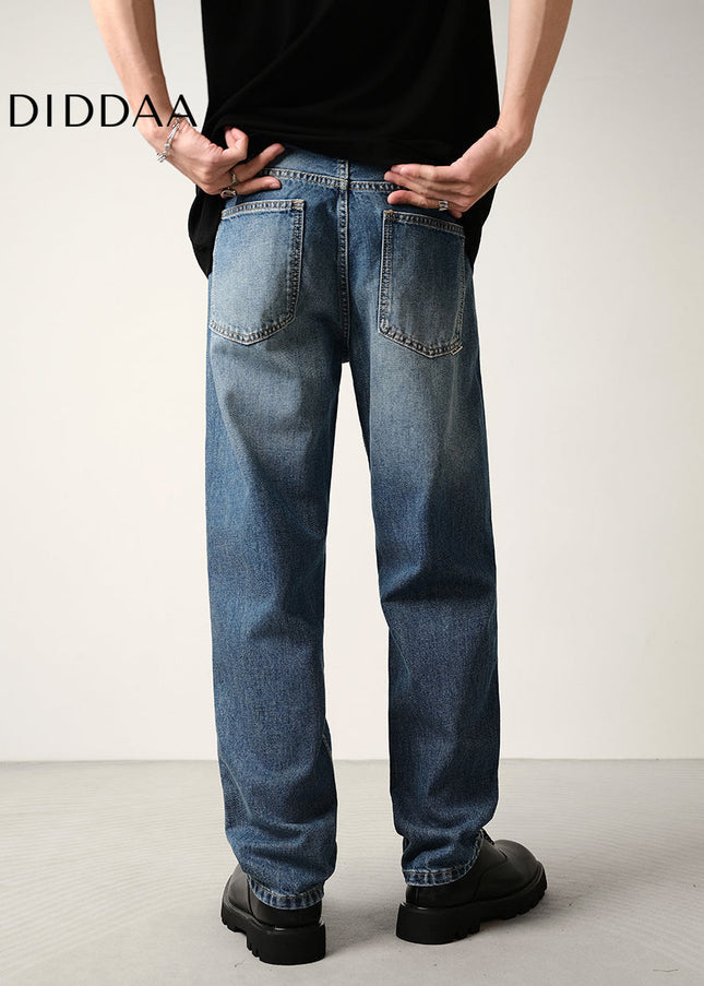 Blue Ripped Lyocell Jeans Men’s Loose Straight-Leg Trousers - Men’s Jeans