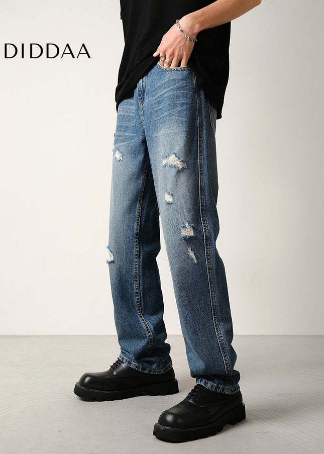 Blue Ripped Lyocell Jeans Men’s Loose Straight-Leg Trousers - Men’s Jeans