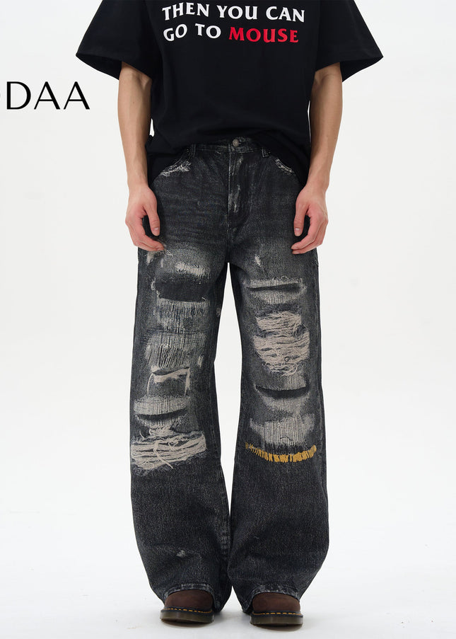 Blue Ripped Print Jeans with 3D Digital Design - S / Black - Women’s Jeans