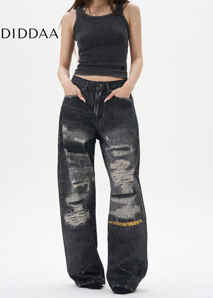 Blue Ripped Print Jeans with 3D Digital Design - Women’s Jeans