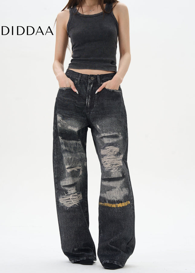 Blue Ripped Print Jeans with 3D Digital Design - Women’s Jeans