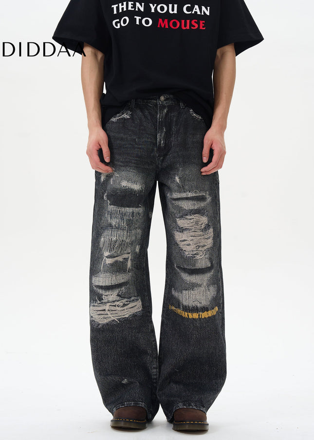 Blue Ripped Print Jeans with 3D Digital Design - Women’s Jeans