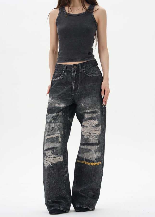Blue Ripped Print Jeans with 3D Digital Design - Women’s Jeans