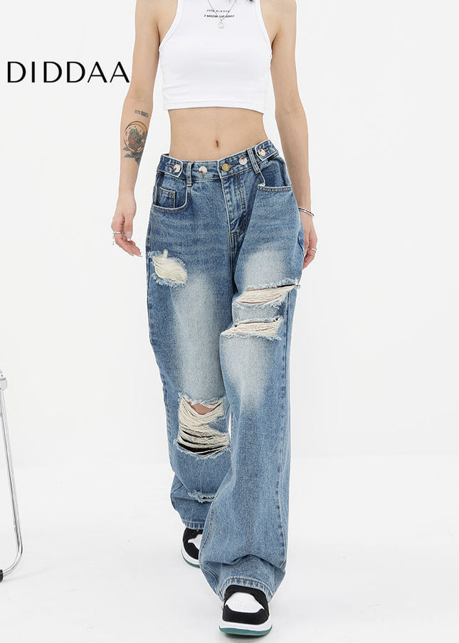 Blue Ripped Wash Gradient Wide-Leg Jeans Pants - Women’s Jeans