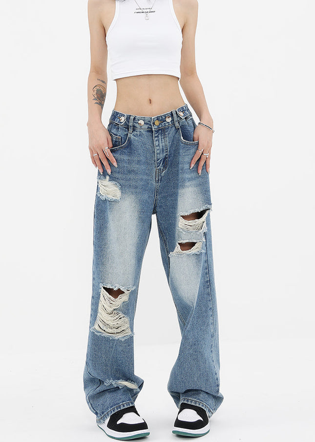 Blue Ripped Wash Gradient Wide-Leg Jeans Pants - Women’s Jeans