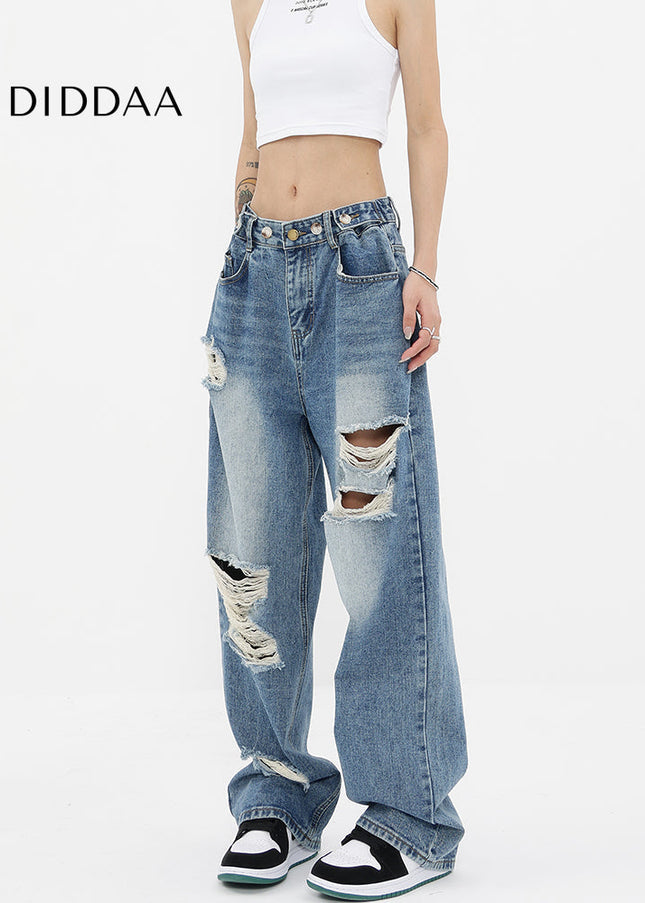 Blue Ripped Wash Gradient Wide-Leg Jeans Pants - Women’s Jeans