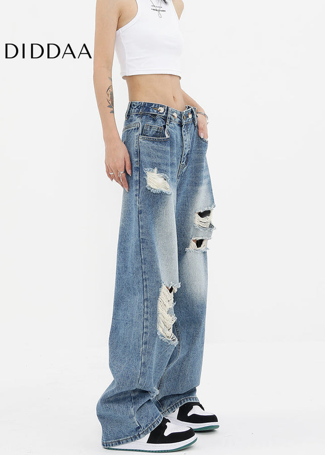 Blue Ripped Wash Gradient Wide-Leg Jeans Pants - Women’s Jeans