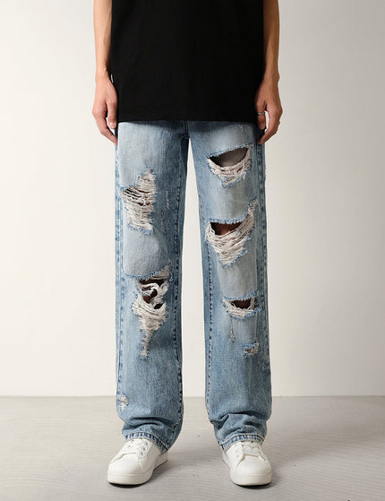 Blue Ripped Washed Loose Straight-Leg Jeans - 28 / Mid Blue - Men’s Jeans