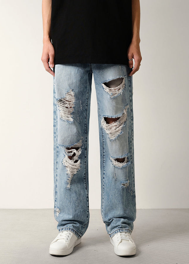 Blue Ripped Washed Loose Straight-Leg Jeans - 28 / Mid Blue - Men’s Jeans