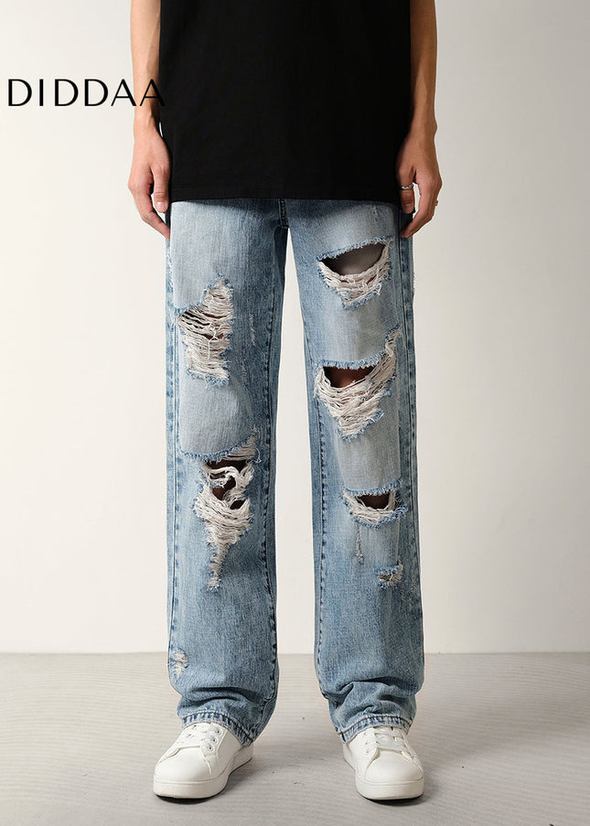 Blue Ripped Washed Loose Straight-Leg Jeans - Men’s Jeans