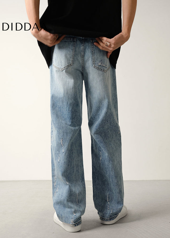 Blue Ripped Washed Loose Straight-Leg Jeans - Men’s Jeans