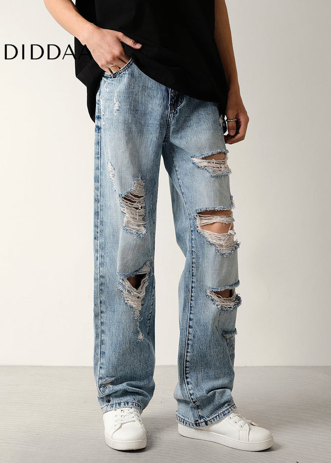 Blue Ripped Washed Loose Straight-Leg Jeans - Men’s Jeans
