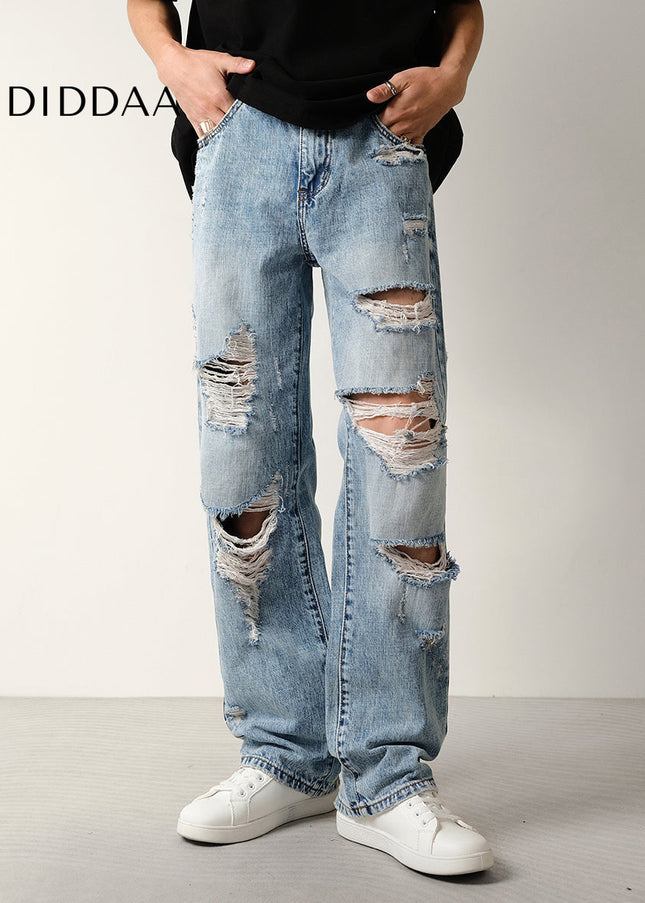 Blue Ripped Washed Loose Straight-Leg Jeans - Men’s Jeans