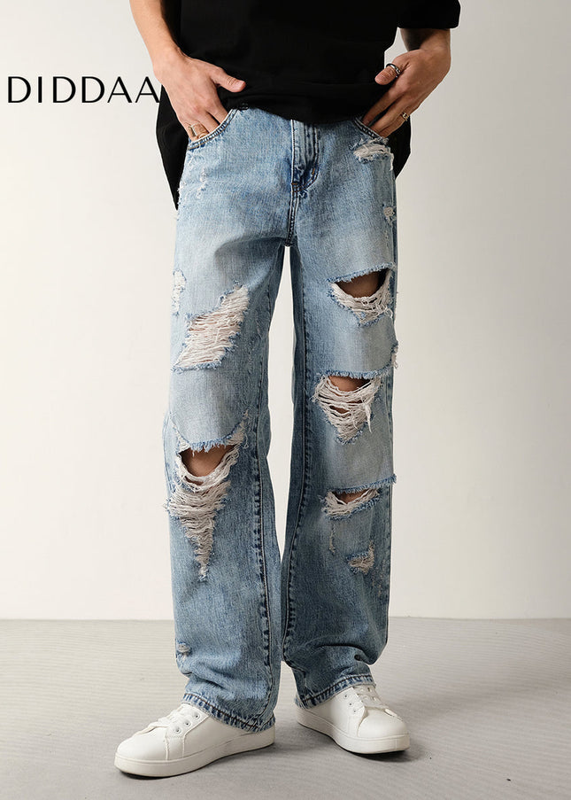 Blue Ripped Washed Loose Straight-Leg Jeans - Men’s Jeans