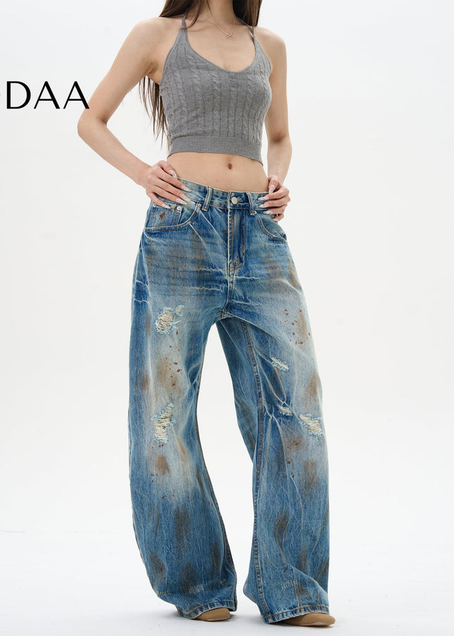 Blue Ripped Whiskers American Retro Loose Jeans - S / Mid Blue - Women’s Jeans