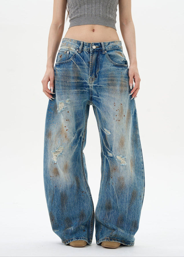 Blue Ripped Whiskers American Retro Loose Jeans - Women’s Jeans