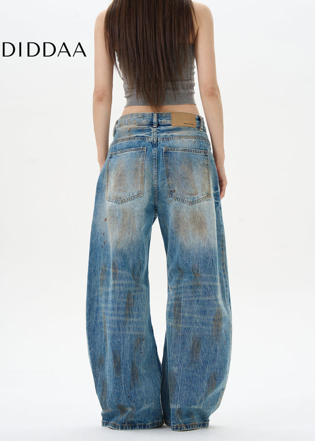 Blue Ripped Whiskers American Retro Loose Jeans - Women’s Jeans