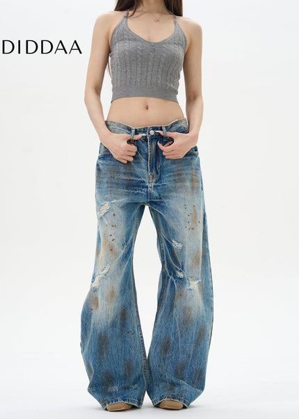 Blue Ripped Whiskers American Retro Loose Jeans - Women’s Jeans