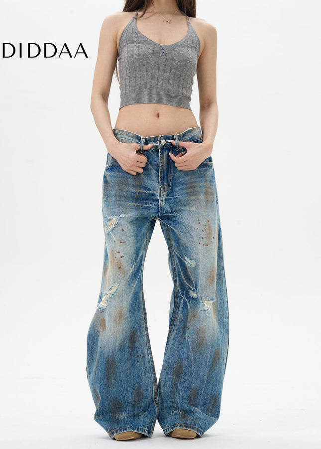 Blue Ripped Whiskers American Retro Loose Jeans - Women’s Jeans