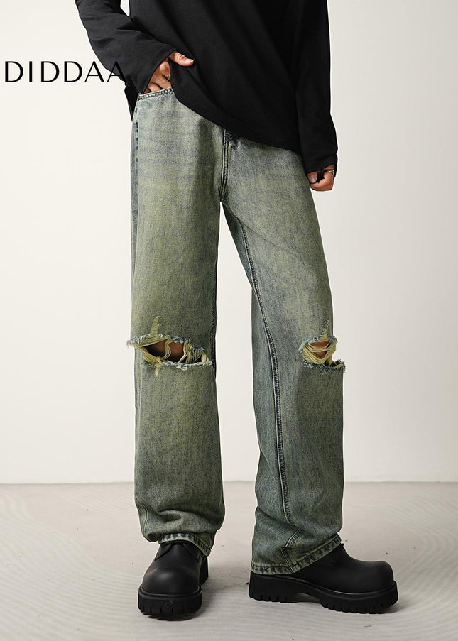 Blue Ripped Wide-Leg Jeans for Men - CONVERGES Retro Style - Men’s Jeans
