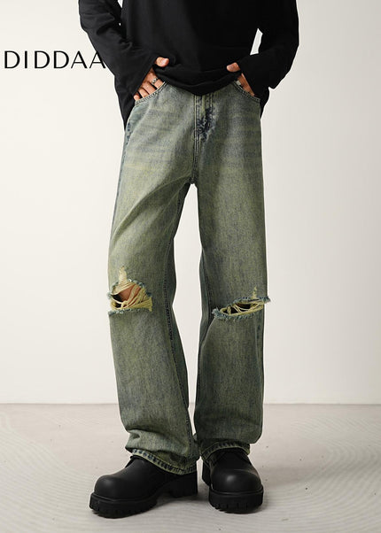 Blue Ripped Wide-Leg Jeans for Men - CONVERGES Retro Style - Men’s Jeans