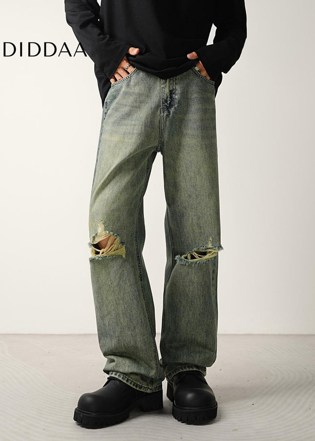 Blue Ripped Wide-Leg Jeans for Men - CONVERGES Retro Style - Men’s Jeans