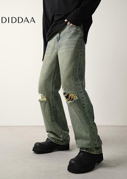 Blue Ripped Wide-Leg Jeans for Men - CONVERGES Retro Style - Men’s Jeans