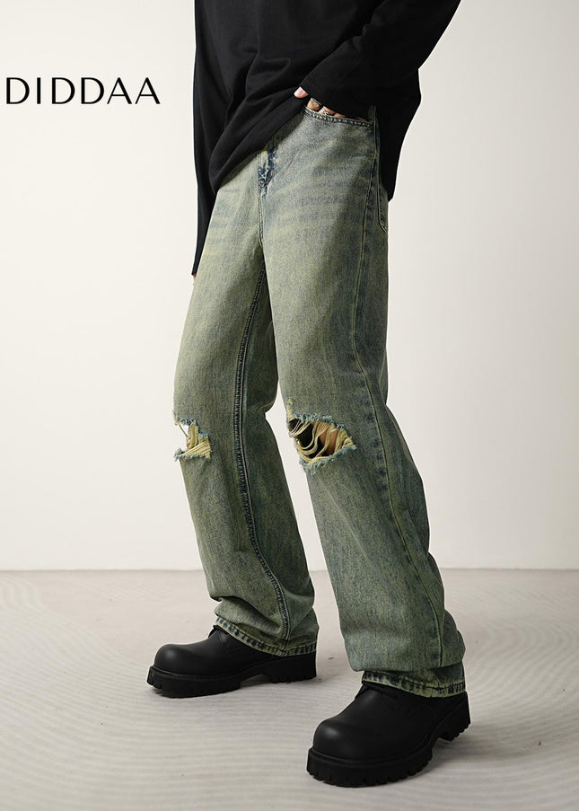 Blue Ripped Wide-Leg Jeans for Men - CONVERGES Retro Style - Men’s Jeans