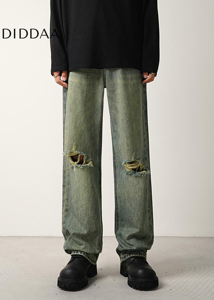 Blue Ripped Wide-Leg Jeans for Men - CONVERGES Retro Style - Men’s Jeans