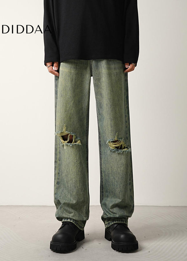 Blue Ripped Wide-Leg Jeans for Men - CONVERGES Retro Style - Men’s Jeans