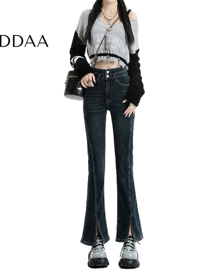 Blue Slim Stretch High-Waisted Cropped Jeans for Women - Flared Design - XS / Dark Blue - Women’s Jeans