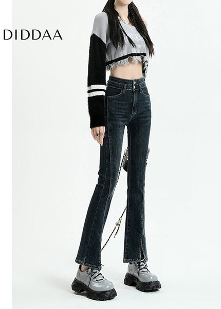 Blue Slim Stretch High-Waisted Cropped Jeans for Women - Flared Design - Women’s Jeans