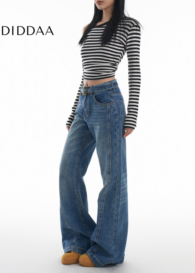 Blue Slimming Flared Jeans with Retro Horseshoe Design - Women’s Jeans